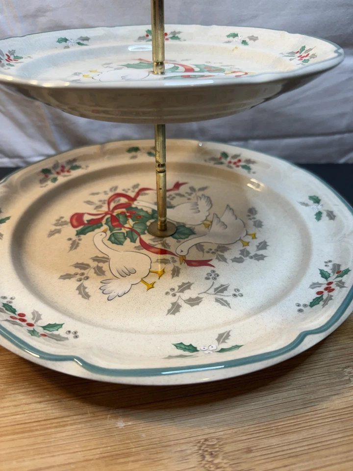 Vintage goose Christmas international table works tray Tidbit Tray two Level - Image 4 of 4