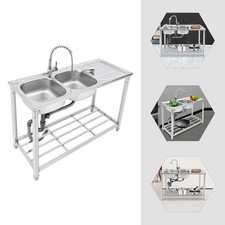 Double Bowl Kitchen Sink Stainless Steel Sink Pull-out Faucet 120 50 80cm