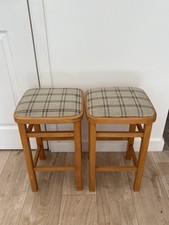 Pair Wooden Bar Stools Upholstered Seats Vintage Kitchen Chairs 