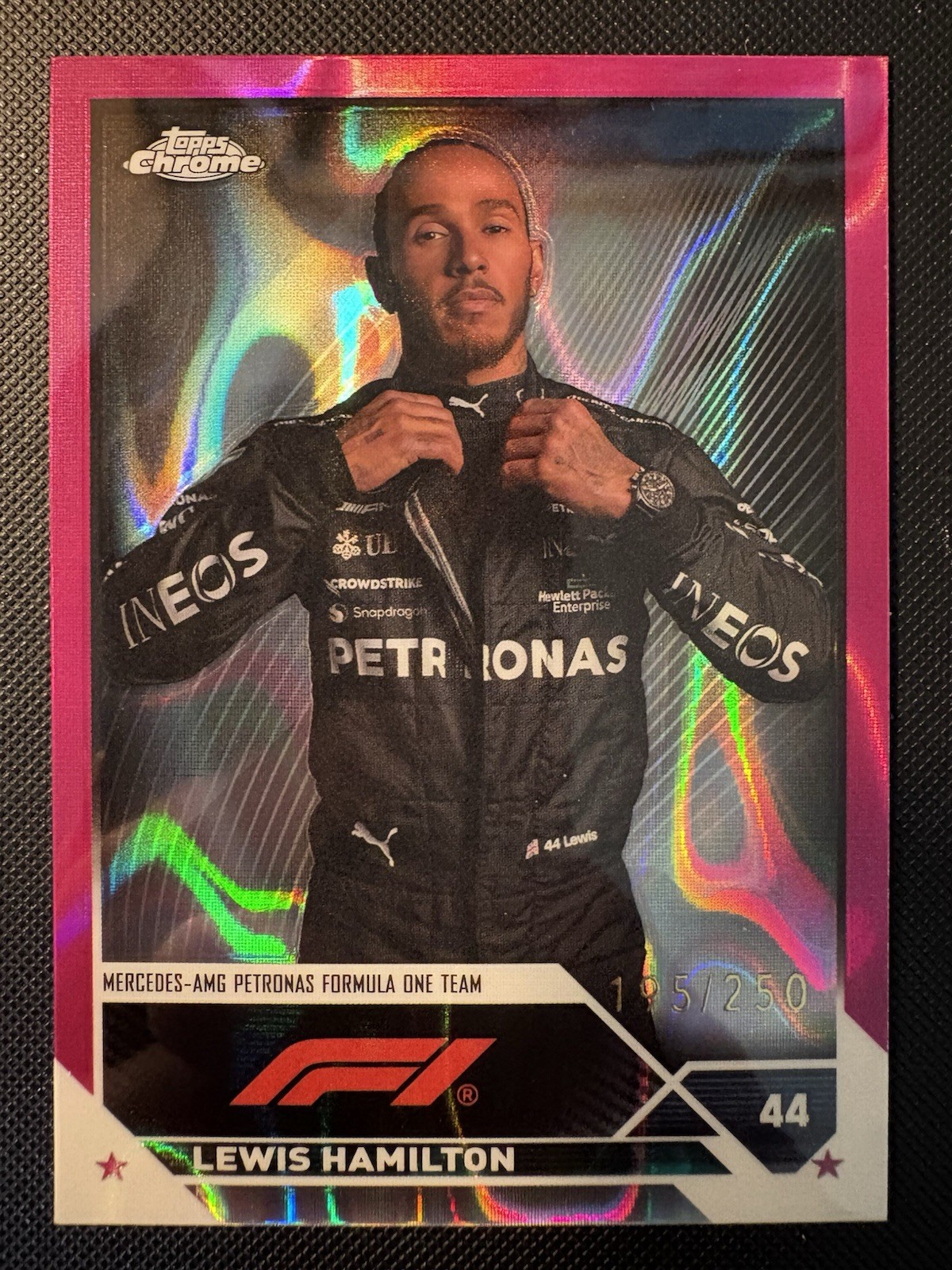 Lewis Hamilton 2023 Topps Chrome F1 #21 FUCHSIA LAVA REFRACTOR #195/250! HOT!