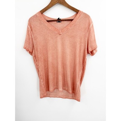 Nu Denmark Womens Peach Coral Mineral Wash V-Neck Short Sleeve Tee Shirt Small