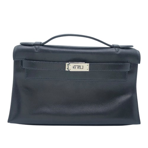 HERMES Pochette Kelly Black Swift Leather Handbag H Stamp #OKB350