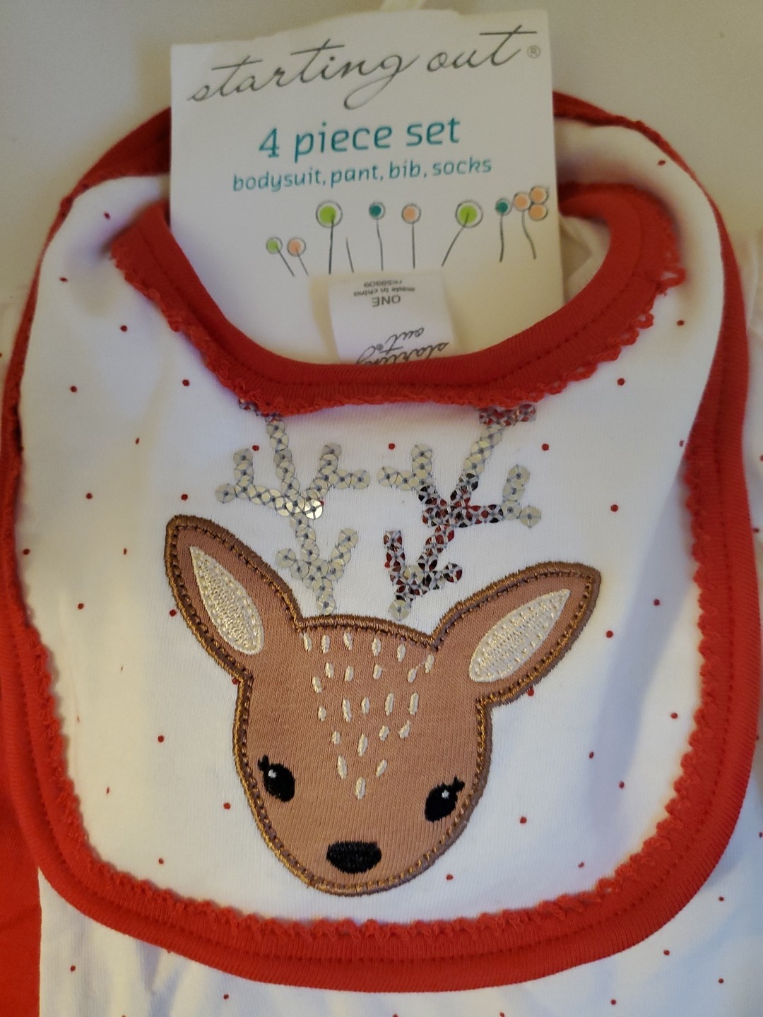 NWT Starting Out Newborn 4 Piece Christmas Outfit Reindeer Bodysuit Pants