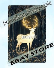 Metal Sign White Deer In Dark Forest Scene sacred mythical creature