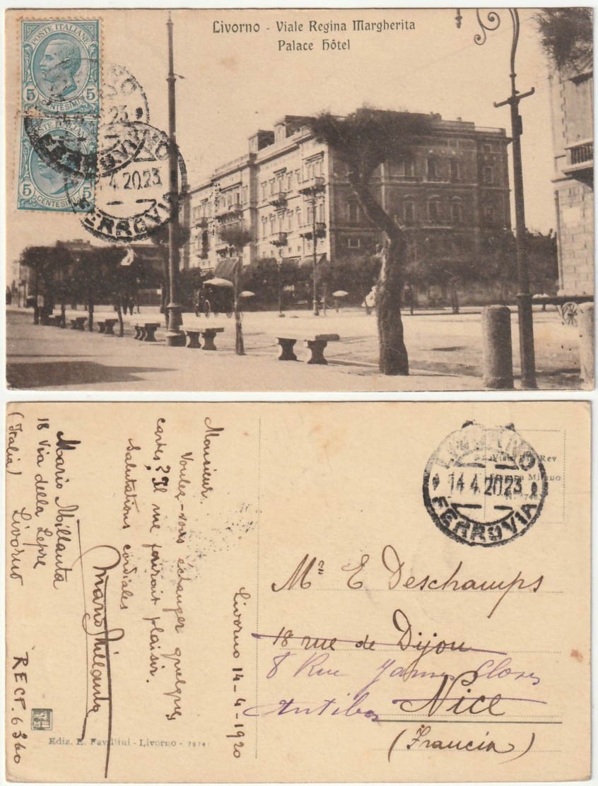 LIVORNO - VIALE REGINA MARGHERITA - PALACE HOTEL - VIAGG. 1920 -45496-