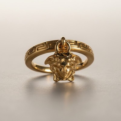 NWT Versace Greca Gold Tone Medusa Charm Ring Light Gold Authentic