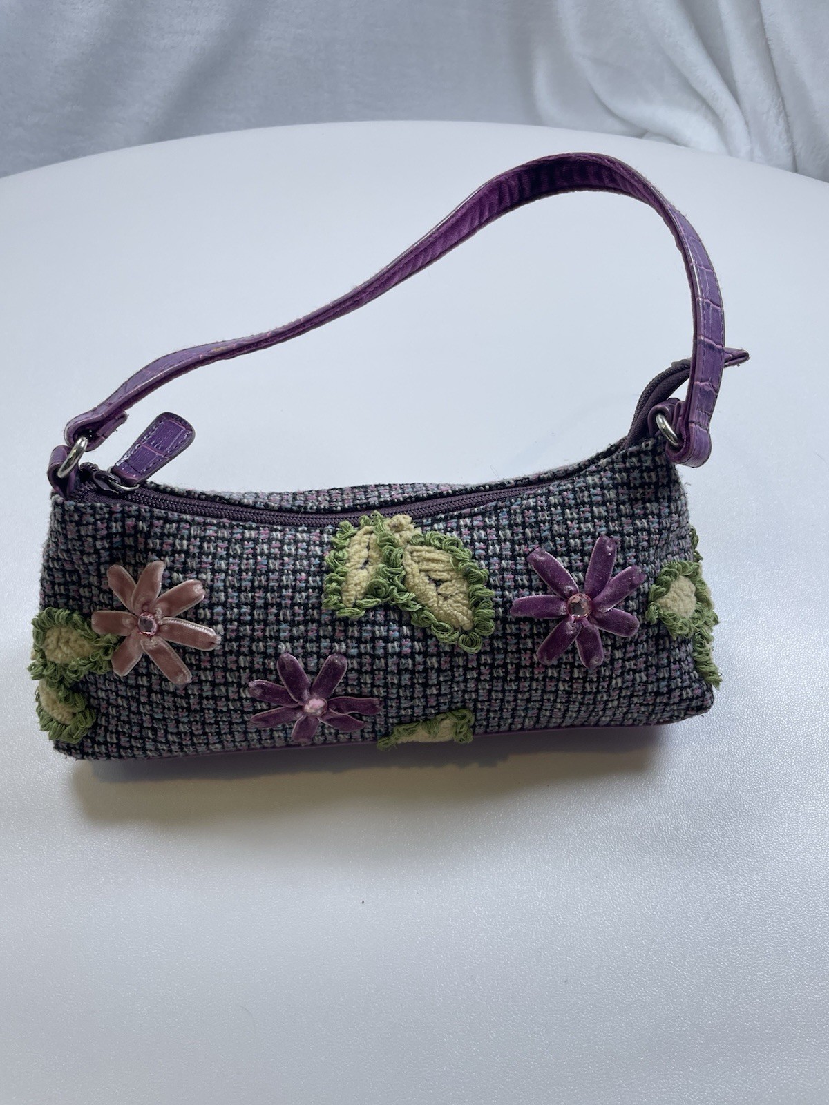 Vintage Y2K Floral Tweed Baguette Shoulder Bag Purple Rhinestone Girly Playful