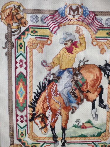 Cowboy Bucking Bronco Cross Stitch COMPLETED Western Art 12.25"X15.25" No Glass - Picture 2 of 11