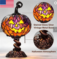 Tall Halloween Pumpkin Table Lamp Resin Craft Shining Ghost Bat Decoration US