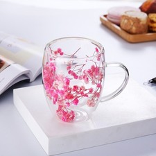 Double Walled Glass Cup Dried Flower Insulated Coffee Tea Mug with Handle Mug UK