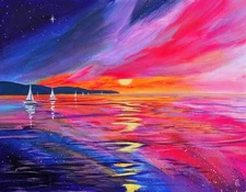 Original Painting On Canvas. Ocean Sunset Art. Colorful Seascape & Sailboats. 
