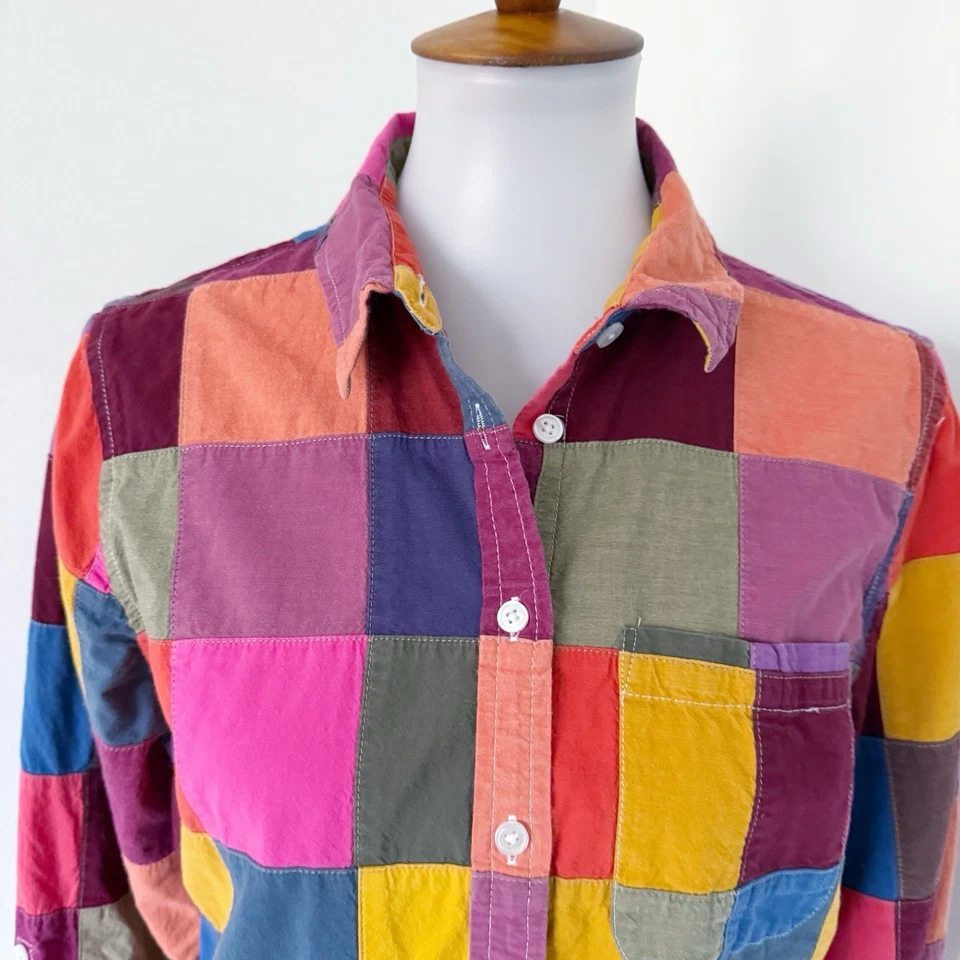 Camisa con botones Lands End para mujer mediana 10 12 retazos bloques de colores Rolltab algodón Foto 3 de 4