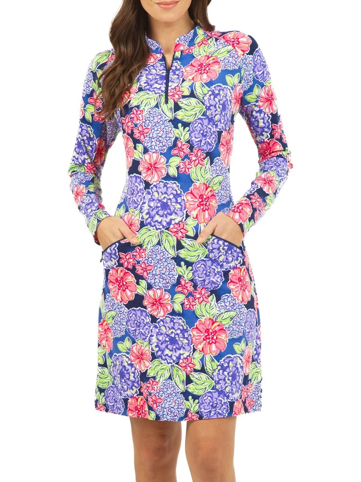 NWT Ladies IBKUL LARISA Navy Multi Long Sleeve Mock Golf Dress - S M L & XL