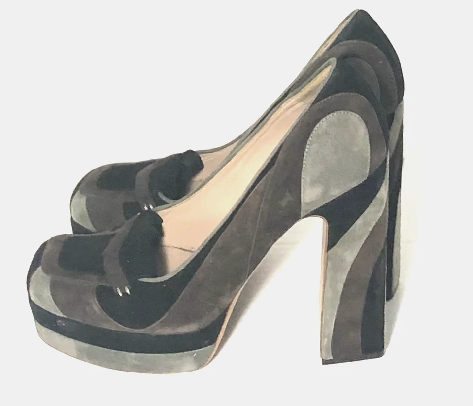 ROCHAS Black and Multi-color Pattern Square-toe Suede Platform Pumps Size 10 - Image 2 of 4