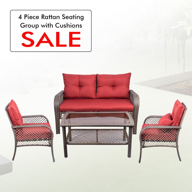 All Weather Outdoor Patio Chairs With Cushions Pe Rattan Furniture Set 4 Pcs For Sale Online