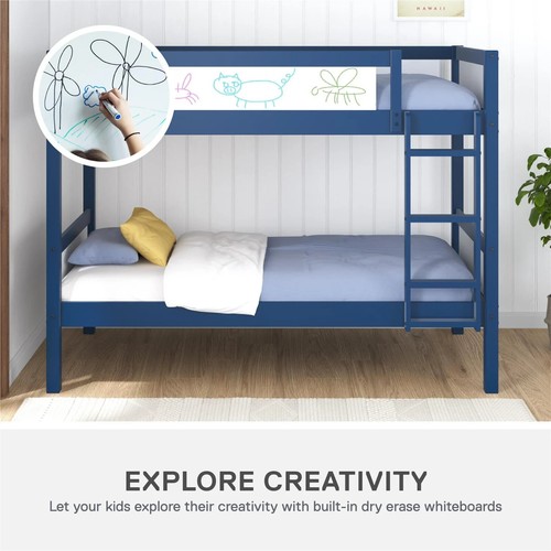 Twin Over Twin Bunk Kids Wood Bed Frame w/ Integrated Ladder & Safety Guardrails - Picture 4 of 9