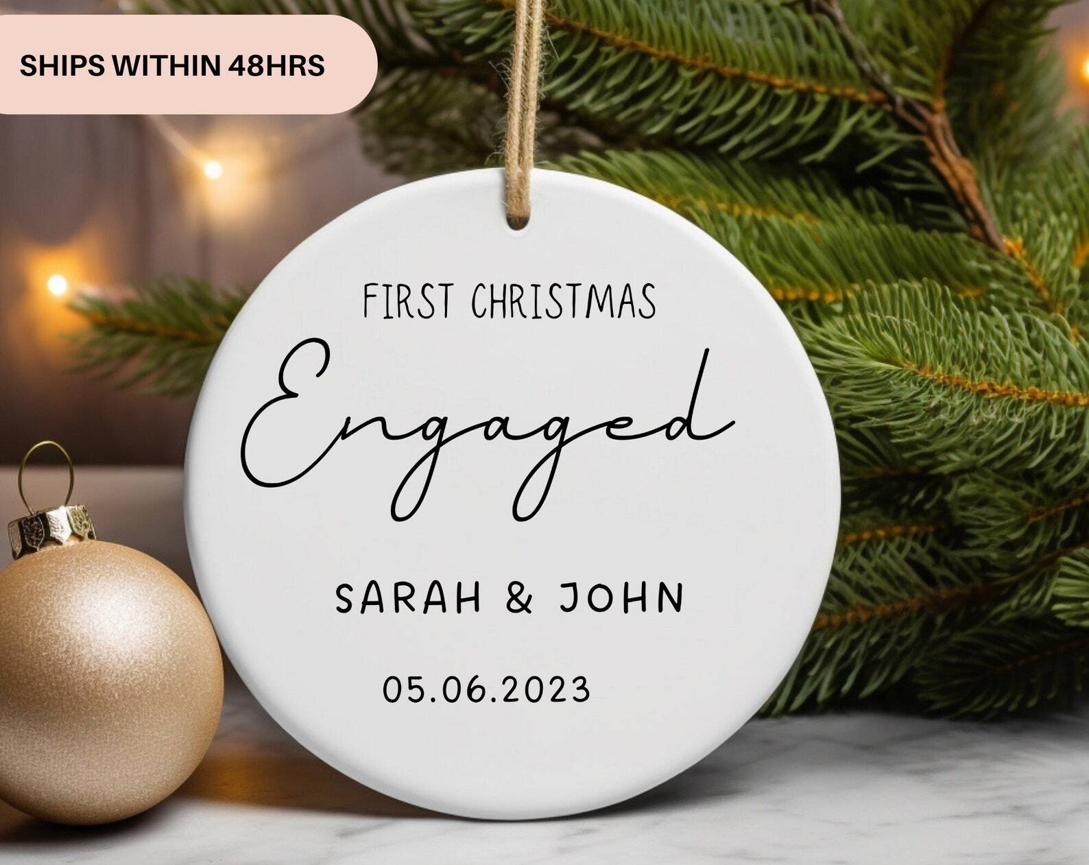 Custom First Christmas Engaged 2023 Ceramic Ornament Personalization