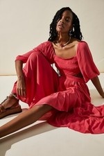 Free People Cross My Heart Maxi Smocked Cutout Balloon Sleeve Tiered Dress S NWT