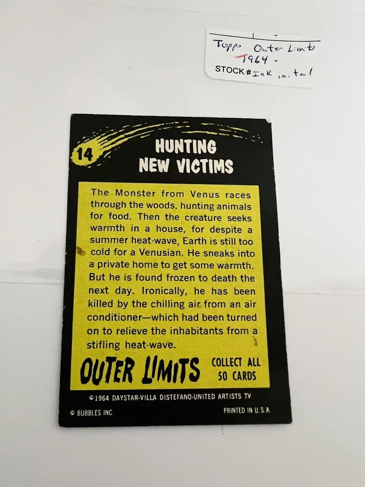1964 Topps Bubbles Outer Limits USA Made~ Hunting New Victims #14~Ink Initialed - Image 2 of 3