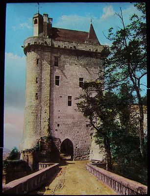 Glas Zauber Laterne Dia CHINON SCHLOSS & UHRTURM UM 1900 FOTO FRANKREICH