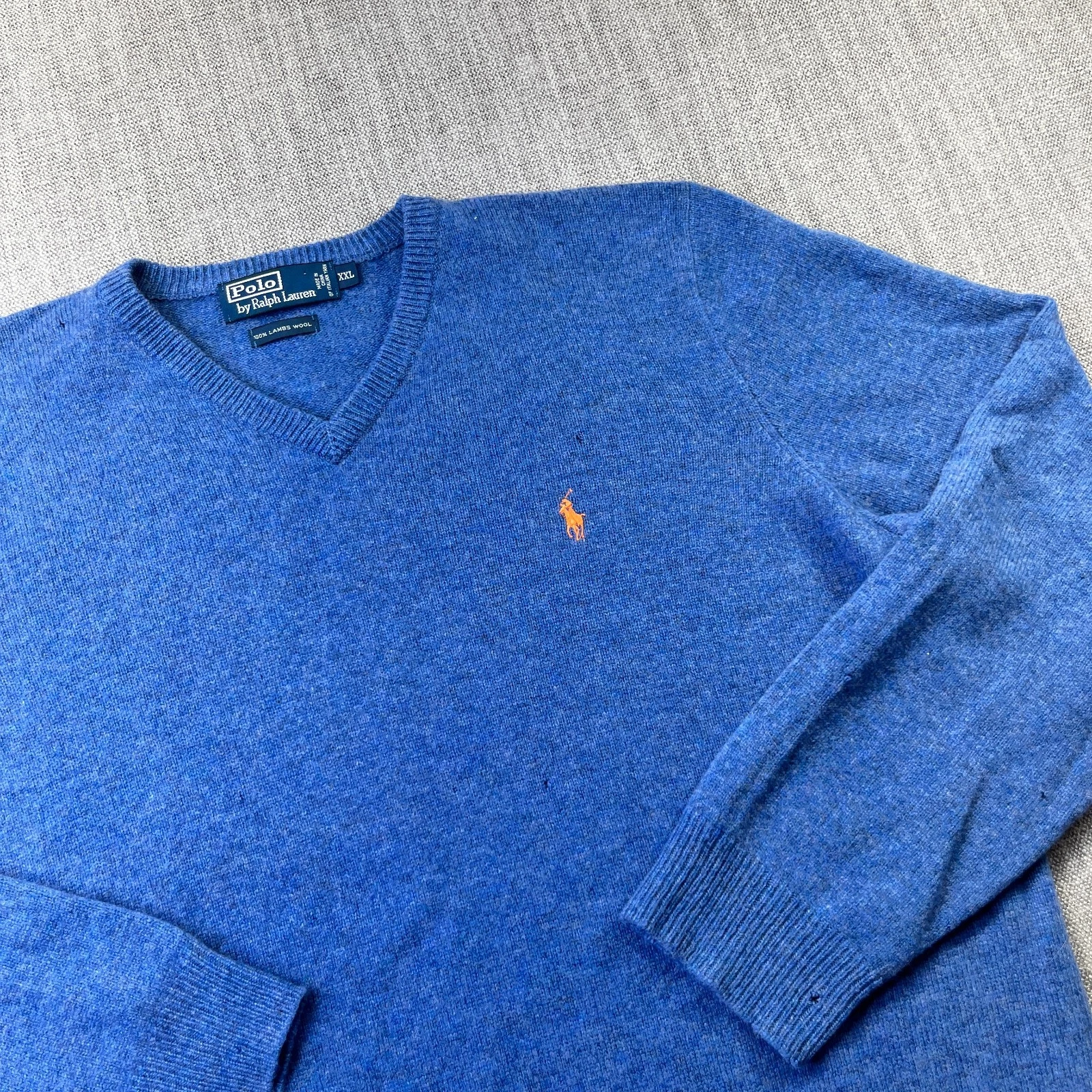 Polo Ralph Lauren Wool Sweater Mens 2XL V Neck Blue Long Sleeve Lambs Wool