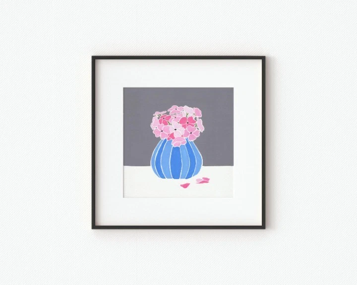 Florero Rosa Flores en Azul, Pintura Gouache Original, Cuadrado 8x8" Foto 4 de 4