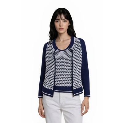 St John Sport Cardigan Sweater Set Women Size XL Marie Gray Navy White Scallop
