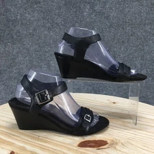 Vionic Laurie Wedge Sandals Womens 8 Black Leather Platform Ankle Strap Comfort