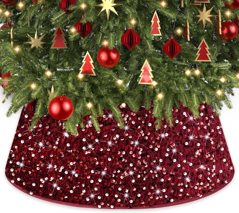 Burgandy Christmas Tree Collar 26 Inch Sequin Xmas Tree Skirt 12 Side Felt Small - Image 4 of 4