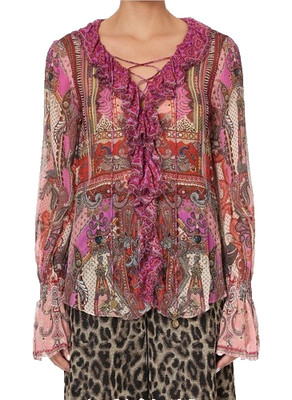 Camilla Lotus Lovers Lace Up Ruffle Blouse Top Size L AU 14 US 10 Pink Silk