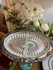 Vintage Silver Gifts silverplate oval tray with crystal glass divided insert