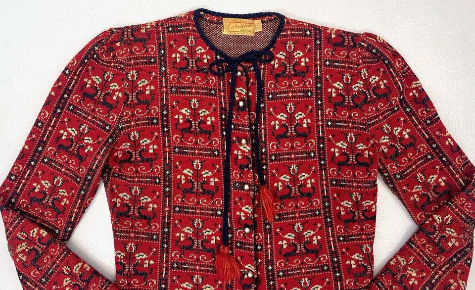 Suéter Catalina Jacquard Floral Ciervo Estampado Novedad Lana Rojo Ropa Deportiva Años 40 Foto 2 de 4