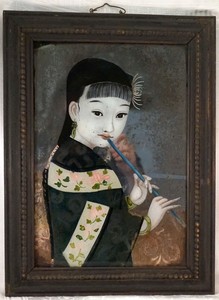 Antique Chinese Reverse Painting on Glass Geisha Girl Courtesan Playing a Flute