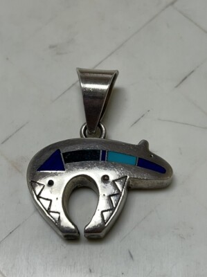 Ray Tracey Knifewing Navajo Inlay Bear Pendant Sterling Silver