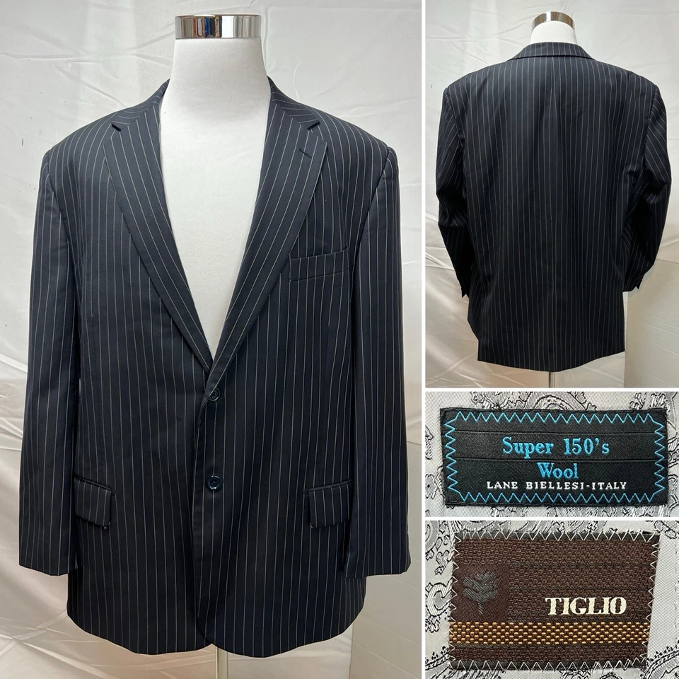 Traje Blazer TIGLIO 52L Para Hombre 41x28 Pantalones Azul Marino Rayas Super 150s Lana 2 Botones Foto 3 de 4