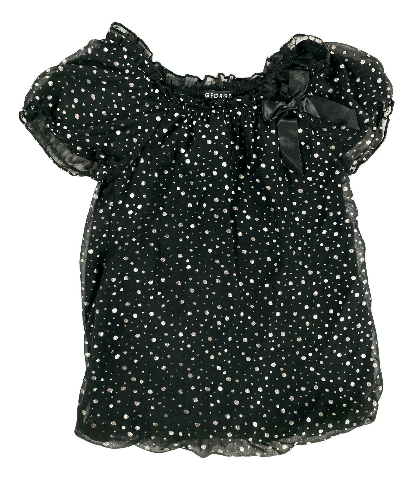 Girls XS Superlatite 4-5 GEORGE Black Silver Sparkle Beauty products Dots Sleeves Preowned Bow Sheer Dress