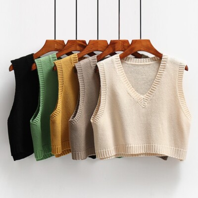 Women V-neck Knit Solid Vest Retro Crop Top Short Sweater Sleeveless Gilet  Soft