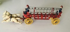 Vtg Cast Iron Two Horse Drawn Hook  Ladder with 2 Firemen Wagon - 15"