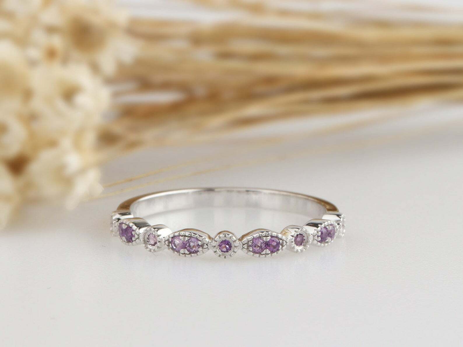Natural Purple Amethyst Half Eternity Wedding Band in 925 Sterling Silver-image