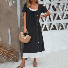 Ladies Retro Scoop Neck Casual Dress Loose Short Sleeve Button Party Daily Chic