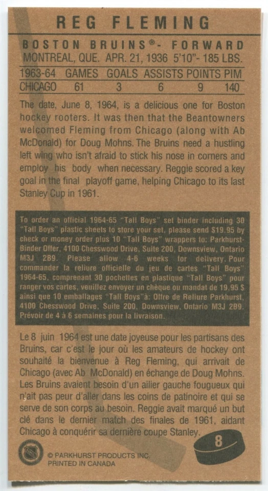 1994 Parkhurst Tallboy (1964-65) #8 Reg Fleming Boston Bruins - Image 2 of 2