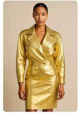 Lillie Rubin Exclusive Vtg Metallic Gold Leather Moto Jacket Skirt Set Sz 10-14