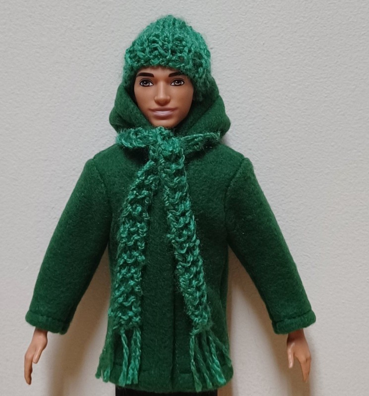 Ken 12" Doll Clothing Green Fleece Jacket plus hand knit Emerald Hat and Scarf