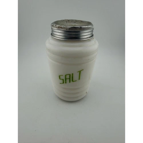 Vintage Hazel Atlas Milk Glass Salt Shaker Metal Lid Green Lettering