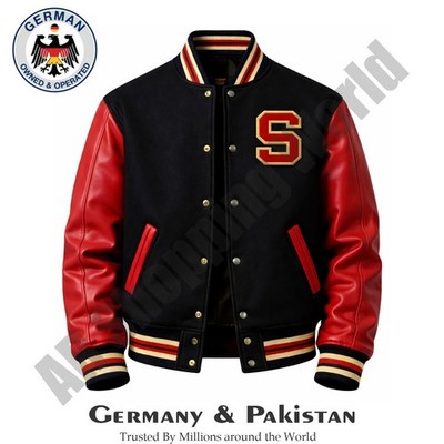 Embroidered Varsity Letterman Jacket Wool Body & Leather Sleeves Baseball Bomber
