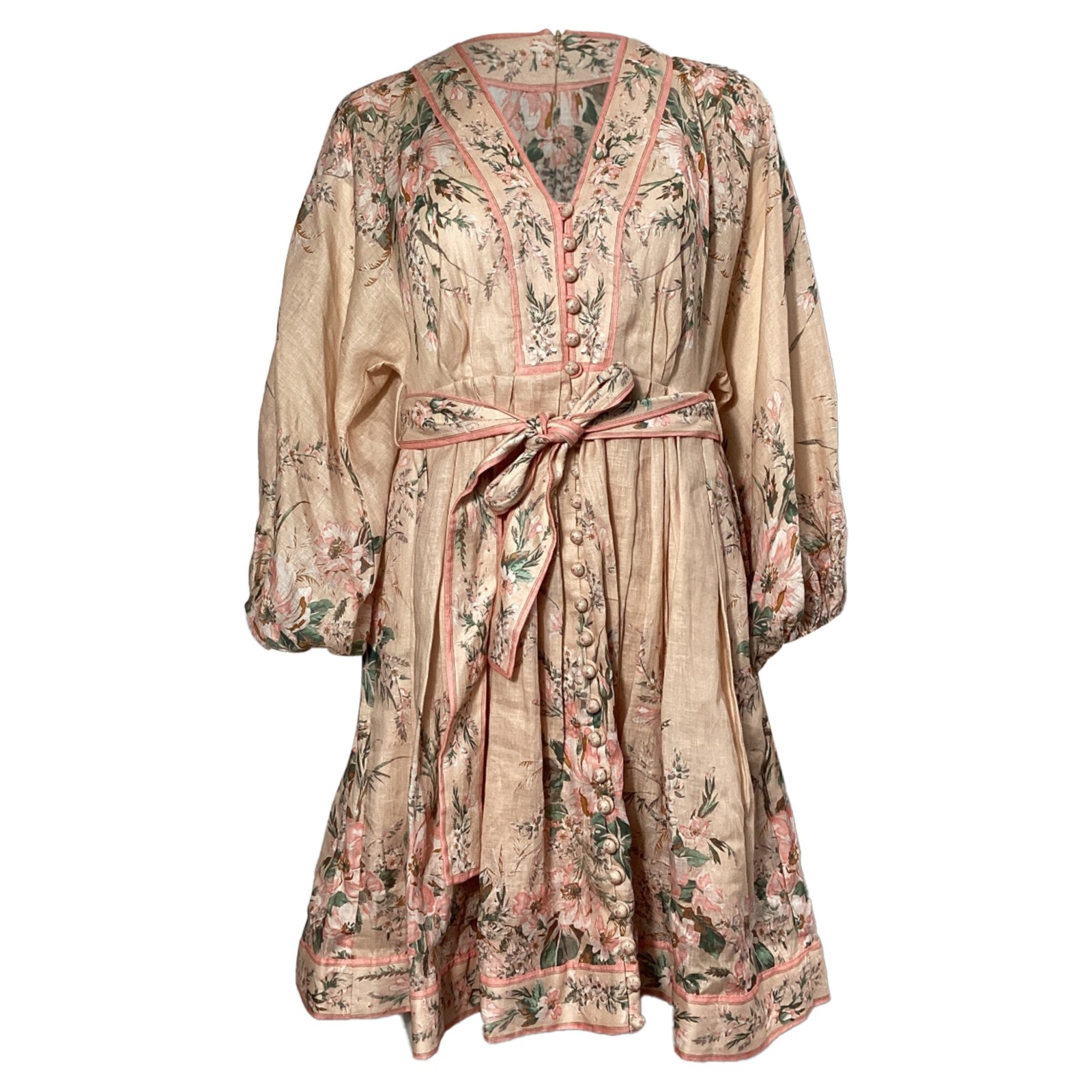 Zimmerman Moonshine Puff-Sleeves Belted Mini Dress In Pastel Pink Linen S