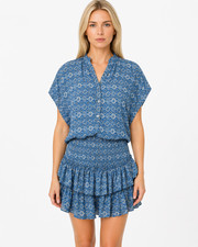 MISA Los Angeles Eloisa Blue Astra Print Smocked Waist Tiered Mini Dress Size M