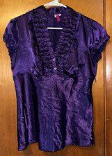 Vintage Made in USA Purple Satin Ruffled V Neck Short Sleeve Blouse Medium