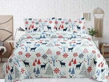 Christmas Embossed Printed Bedspread Coverlet Quilt Set, Xmas Reindeer and Tree