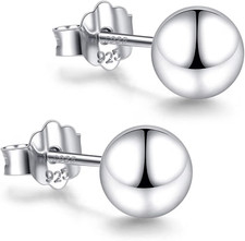18K White Gold Plated Sterling Silver Ball Stud Earrings 3mm-8mm Options, Sim...